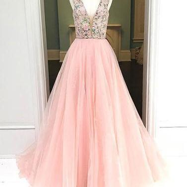 Pink Tulle A-line Beaded 2017 Evening Gown Long..