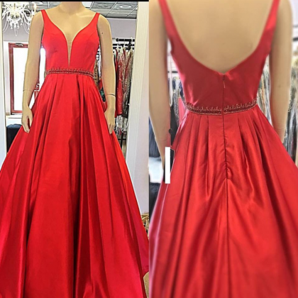 V-neck Red A-line Simple Satin Formal Long Prom..