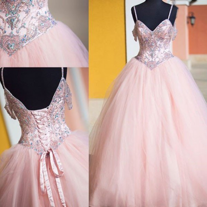Beaded Pink Tulle A-line Charming Long Evening..