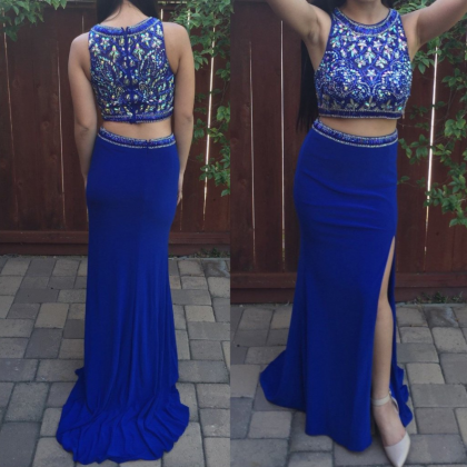 Side Slit Mermaid Two Pieces Beaded Long Royal..