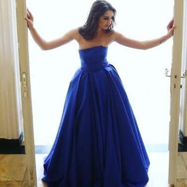 Royal Blue A-line Strapless Simple Long Prom..