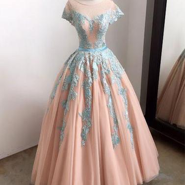 Long Tulle A-line Lace Appliques Cap Sleeves Prom..