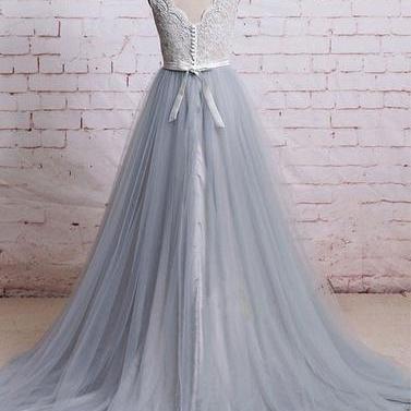 Gray Tulle A-line White Lace Top Long Prom Dress,..