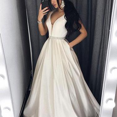 White Satin V-neck Beaded Belt Long Prom Dress,..