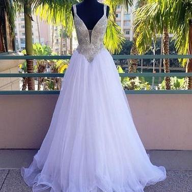 A-line Spaghetti Straps White Tulle Beaded Long..