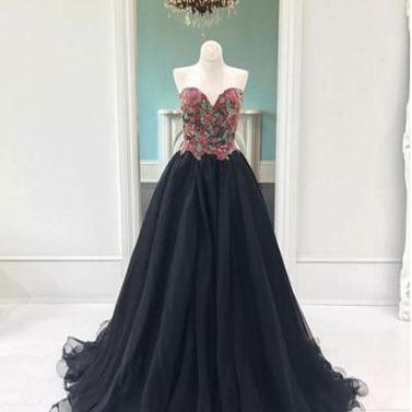 Sweetheart A-line Black Tulle Long Prom Dress,..