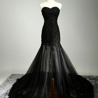 Strapless Black Lace Mermaid Long Prom Dress,..