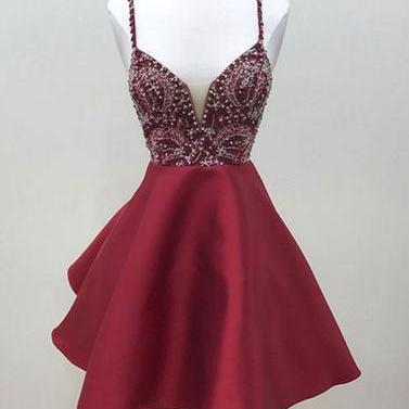 Burgundy Beaded A-line Short Homecoming Prom..