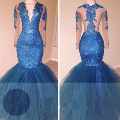 Ocean Blue Lace Appliques Mermaid Prom Dress..