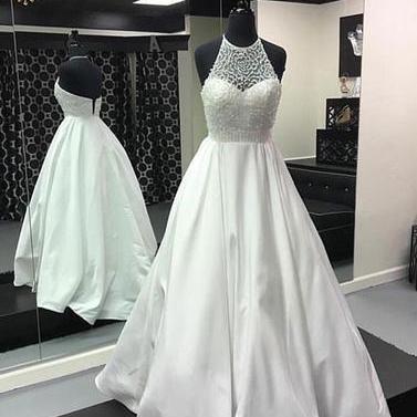 2017 Formal A-line Beaded Top White Satin Long..