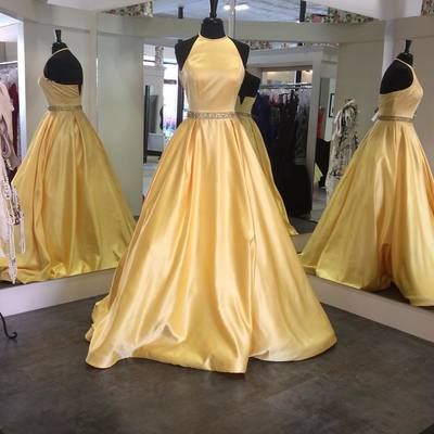 2017 Formal A-line Long Halter Satin Yellow Prom..