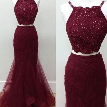 Formal Dark Burgundy Tulle Two Pieces Beaded..