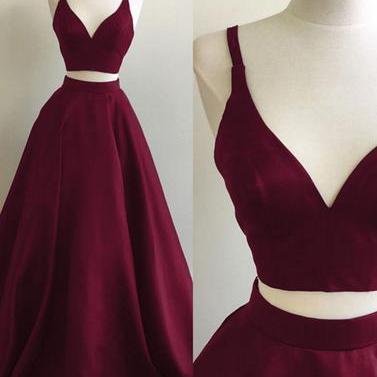 Two Pieces Burgundy A-line Long Prom Dress,..