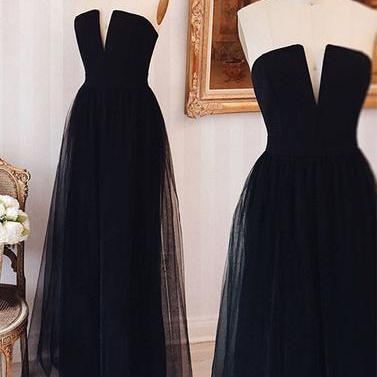 Simple Strapless Black Tulle Long Prom Dress,..