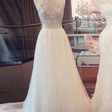 Halter Beaded White Tulle A-line Long Prom Dress,..