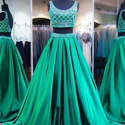 A-line Two Pieces Green Beaded Long Prom Dress,..