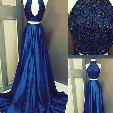 Stylish High Neck Beaded Two Pieces Formal Long..