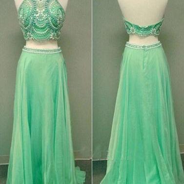 Formal Halter Two Pieces Chiffon Beaded Long Prom..