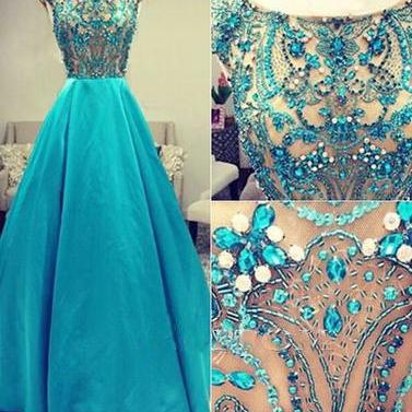 2017 Cap Sleeves A-line Blue Beaded Long Prom..