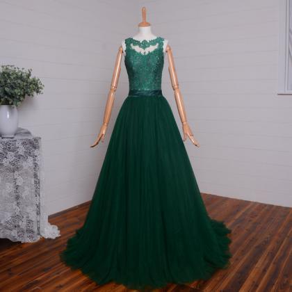 Dark Green Tulle A-line Formal Long Prom Dresses,..