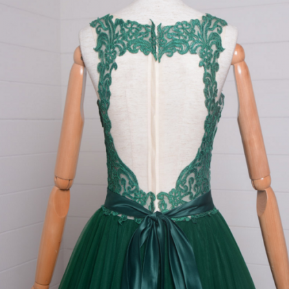 Dark Green Tulle A-line Formal Long Prom Dresses,..