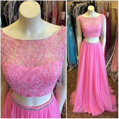Pink Two Pieces Beaded Long Prom Dress, 2017..