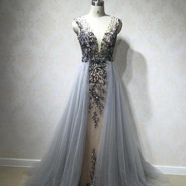 Beaded Grey Tulle V-neck Long Prom Dress, 2017..