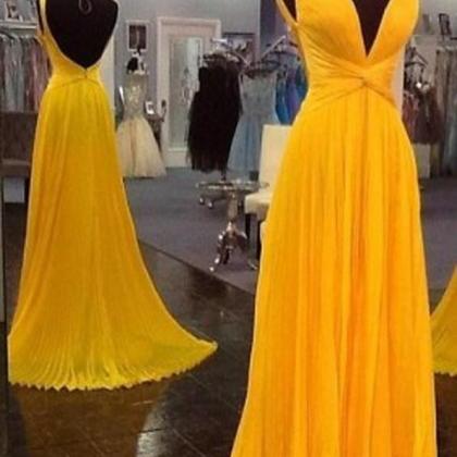 Yellow Chiffon V-neck Long Prom Dress, 2017 Formal..