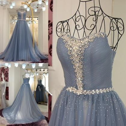 blue tulle strapless beaded A-line ..