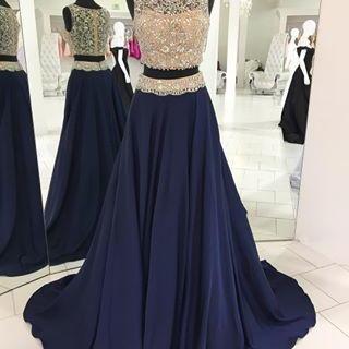 2017 Two Pieces Navy Blue Beaded Long Formal Prom..
