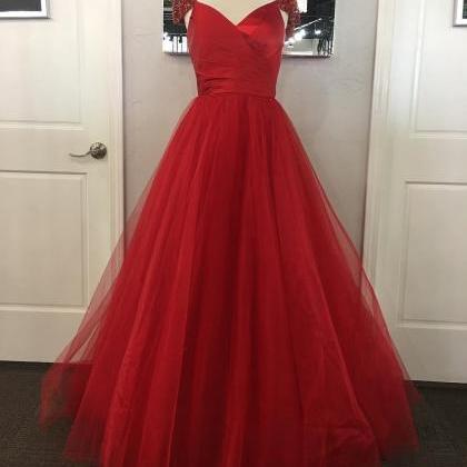 Plus Size Red Tulle A-line Prom Dresses Cap..