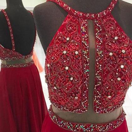 Luxurious A-line Halter Red Backless Long..