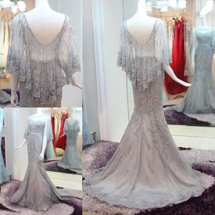 Gray Tulle High Neck Appliques Train Prom..