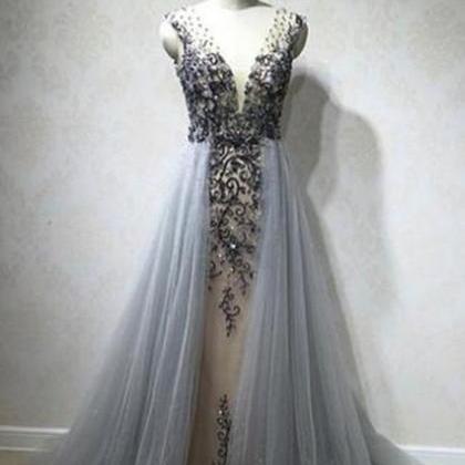 Evening Dresses With Tulle Overskirt Illusion Blue..