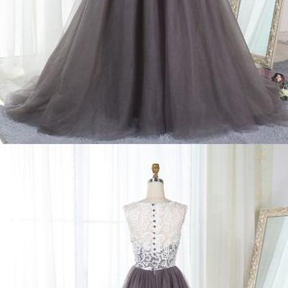 Gray Tulle Long Senior Prom Dress, Simple..