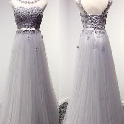 Gray Tulle Long Senior Prom Dress, Simple..