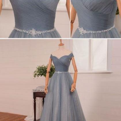 Simple Gray Tulle Long Tulle Prom Dress, Gray..