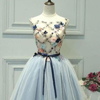 Cute Gray Blue Tulle Lace Applique Short Prom..