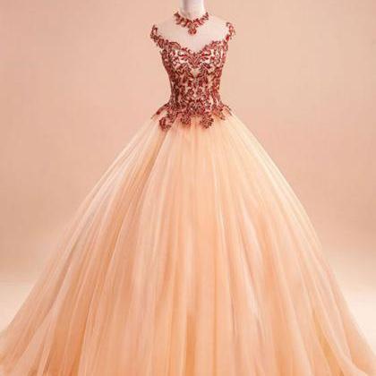 Champagne Tulle Ball Gown Long Prom Dress, Evening..