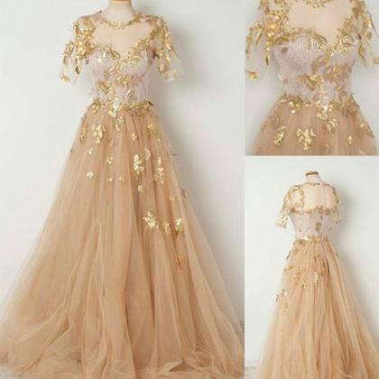 Champagne Tulle Long Prom Dress, Evening..