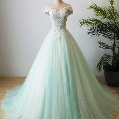 Mint Tulle Long Beaded Appliques Prom Dress With..