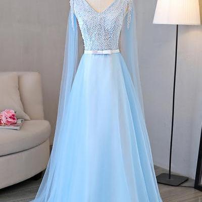 Blue Tulle Long A-line Senior Prom Dress With..