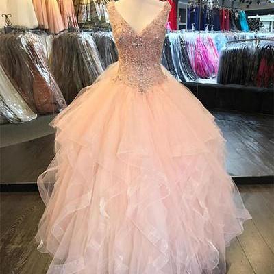 Pink Tulle V Neck Long Ruffles Formal Prom Dress,..