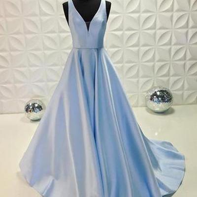 2018 Spring Blue Satin Long Senior Prom Dresses,..