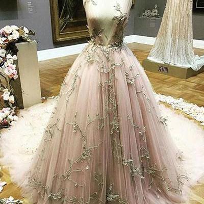 Blush Pink Tulle Long Gold Lace Appliques Evening..