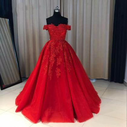 Fashion Ball Gown Off-the-shoulder Red Long Prom..
