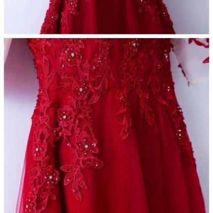 Elegant Tulle Lace Long Prom Dress, Red Lace..