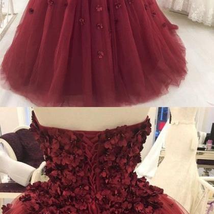 Strapless Burgundy Tulle Ball Gown Prom Dress,..