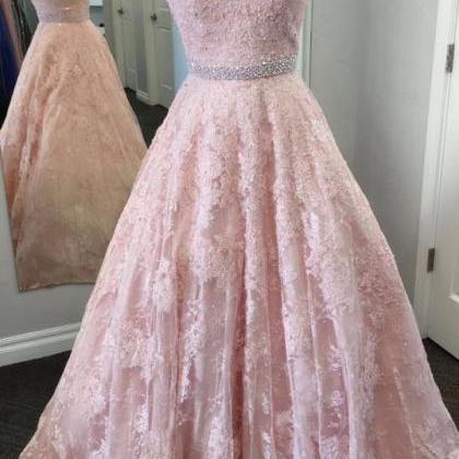 Off Shoulder Sleeves Pink Lace Prom Dress,sexy..