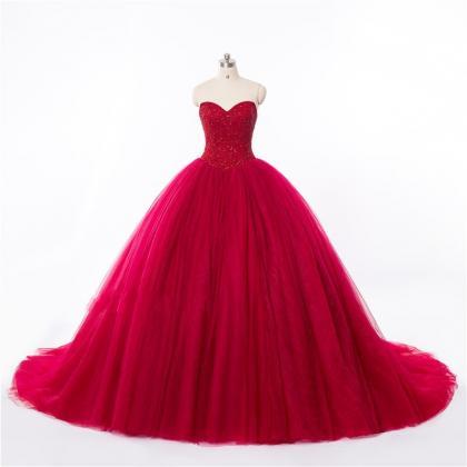 Sweetheart Red Tulle Prom Dress,ball Gown Beaded..